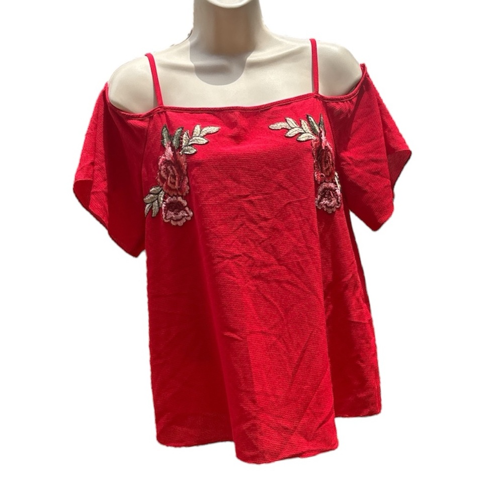 by & by Women's Red Floral Embroidered Off-Shoulder Spaghetti StrapsTop Size M